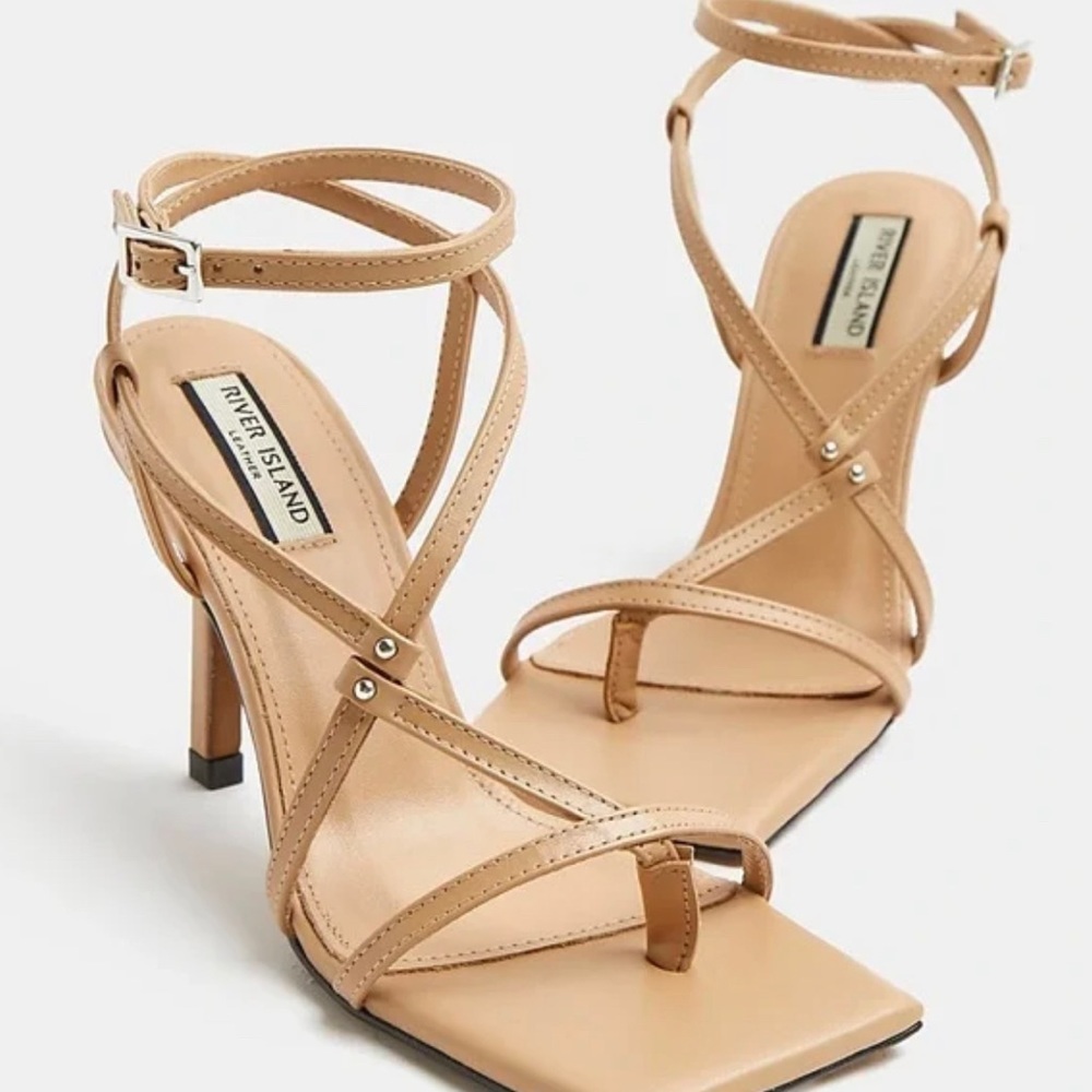 River Island Leather Square Toe Strappy Nude Heel Sandals size 39 - Picture 2 of 9
